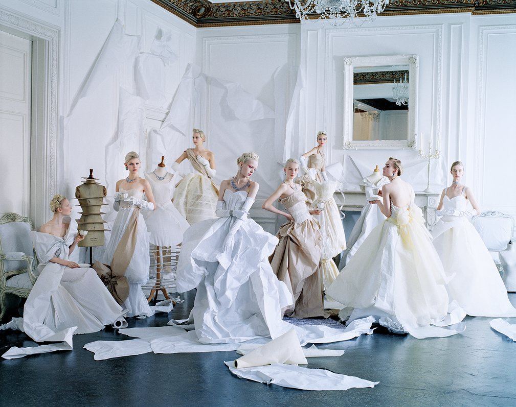 All the dresses are made out of paper.