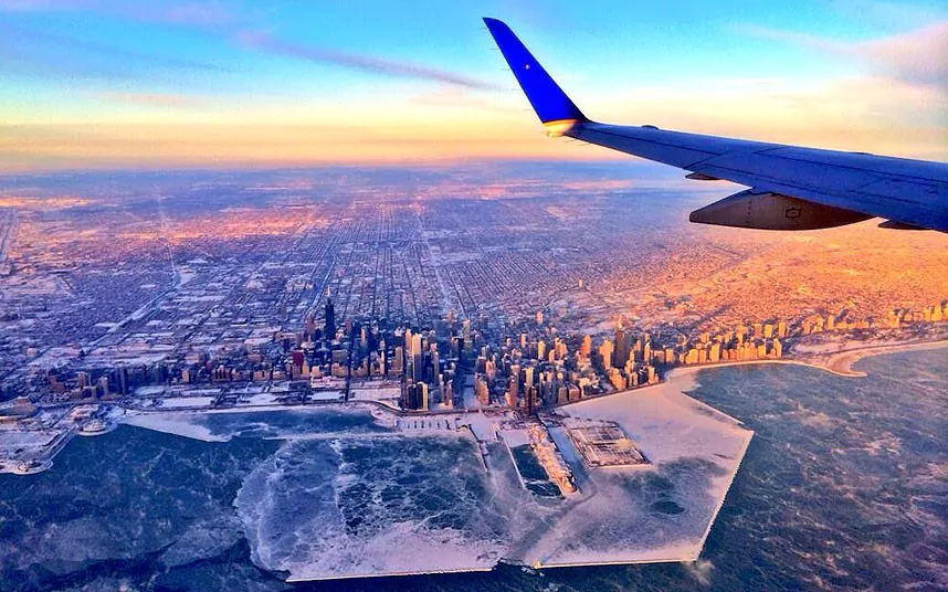 An aerial view of Chicago being engulfed by the freezing weather caused by the 'polar vortex'.